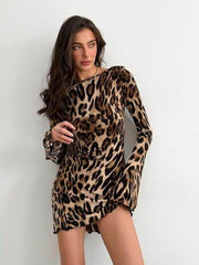 Leopard Backless Long Sleeve Mini Dress