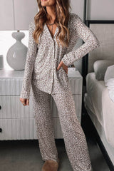 Leopard Button Down Long Sleeve Top and Pants Lounge Set Leopard / S