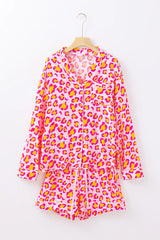 Leopard Collared Neck Long Sleeve Top and Shorts Lounge Set Pink / S