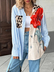 Leopard Floral Striped Casual Button-Up Shirt