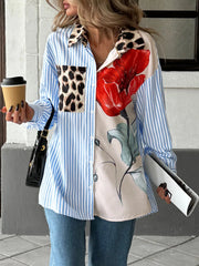 Leopard Floral Striped Casual Button-Up Shirt