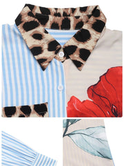 Leopard Floral Striped Casual Button-Up Shirt