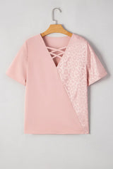 Leopard Jacquard Patchwork Crisscross V Neck Short Sleeve Blouse