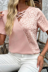Leopard Jacquard Patchwork Crisscross V Neck Short Sleeve Blouse