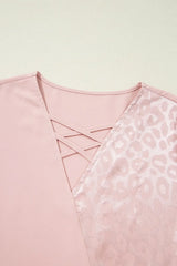 Leopard Jacquard Patchwork Crisscross V Neck Short Sleeve Blouse