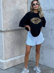 Leopard Lips Round Neck Oversized T-Shirt