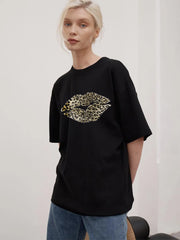 Leopard Lips Round Neck Oversized T-Shirt Black / M