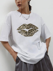 Leopard Lips Round Neck Oversized T-Shirt White / M