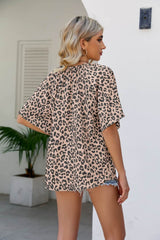 Leopard Notched Half Sleeve Blouse