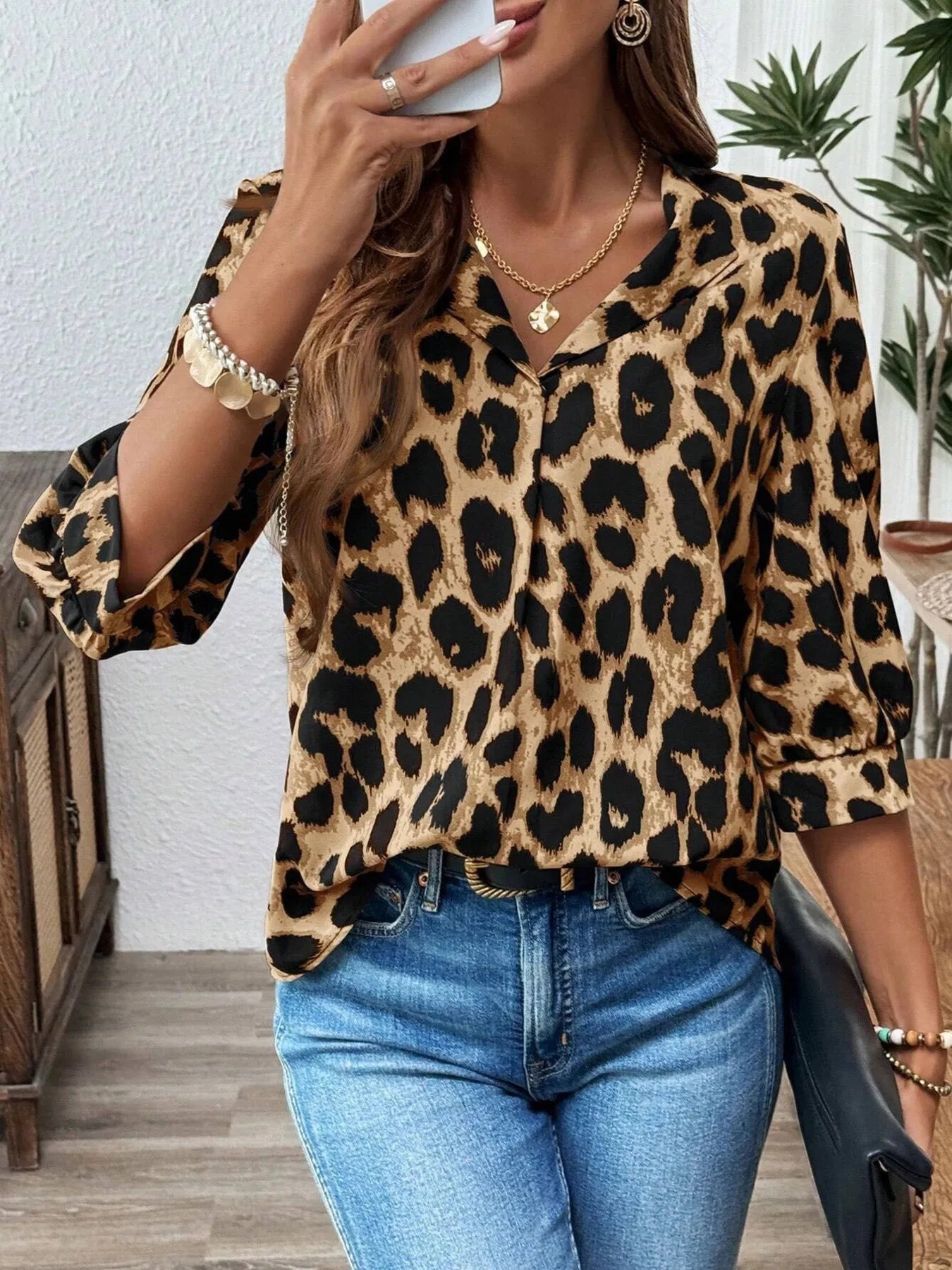 Leopard Print 3/4 Sleeve Blouse