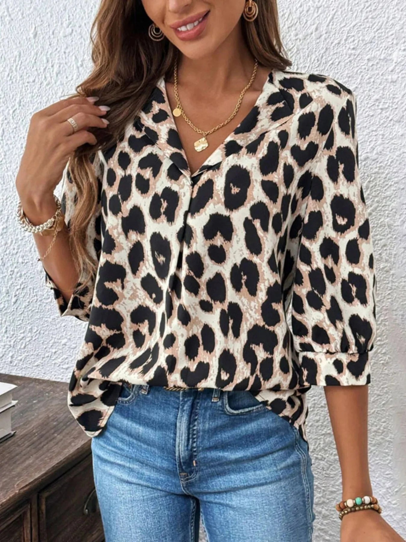 Leopard Print 3/4 Sleeve Blouse Apricot / S