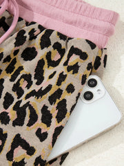 Leopard Print Contrast Edge Long Sleeve Pullover Shorts Set