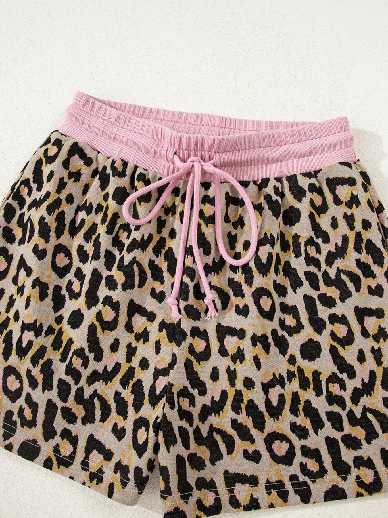 Leopard Print Contrast Edge Long Sleeve Pullover Shorts Set