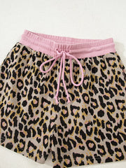 Leopard Print Contrast Edge Long Sleeve Pullover Shorts Set