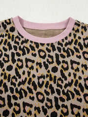 Leopard Print Contrast Edge Long Sleeve Pullover Shorts Set