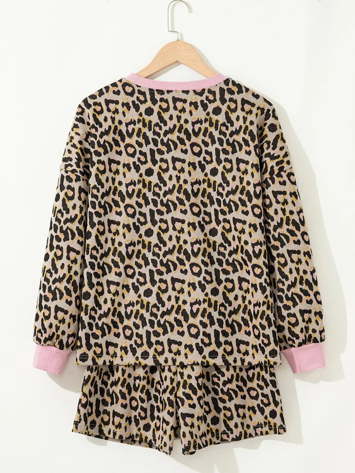 Leopard Print Contrast Edge Long Sleeve Pullover Shorts Set