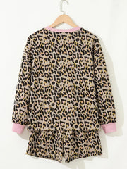 Leopard Print Contrast Edge Long Sleeve Pullover Shorts Set