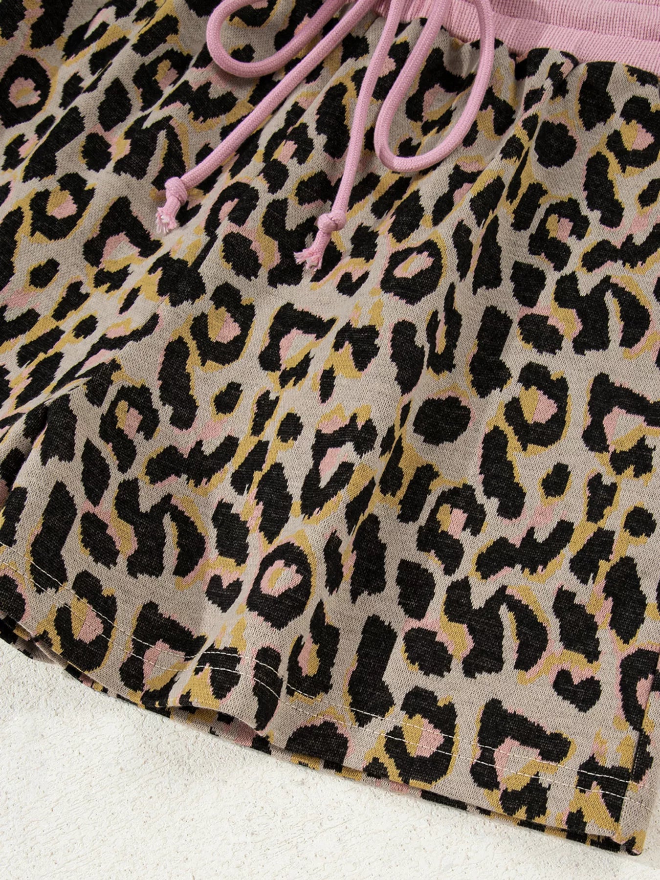 Leopard Print Contrast Edge Long Sleeve Pullover Shorts Set