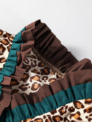 Leopard Print Contrast Frilled Trim Button Down V Neck Shirt