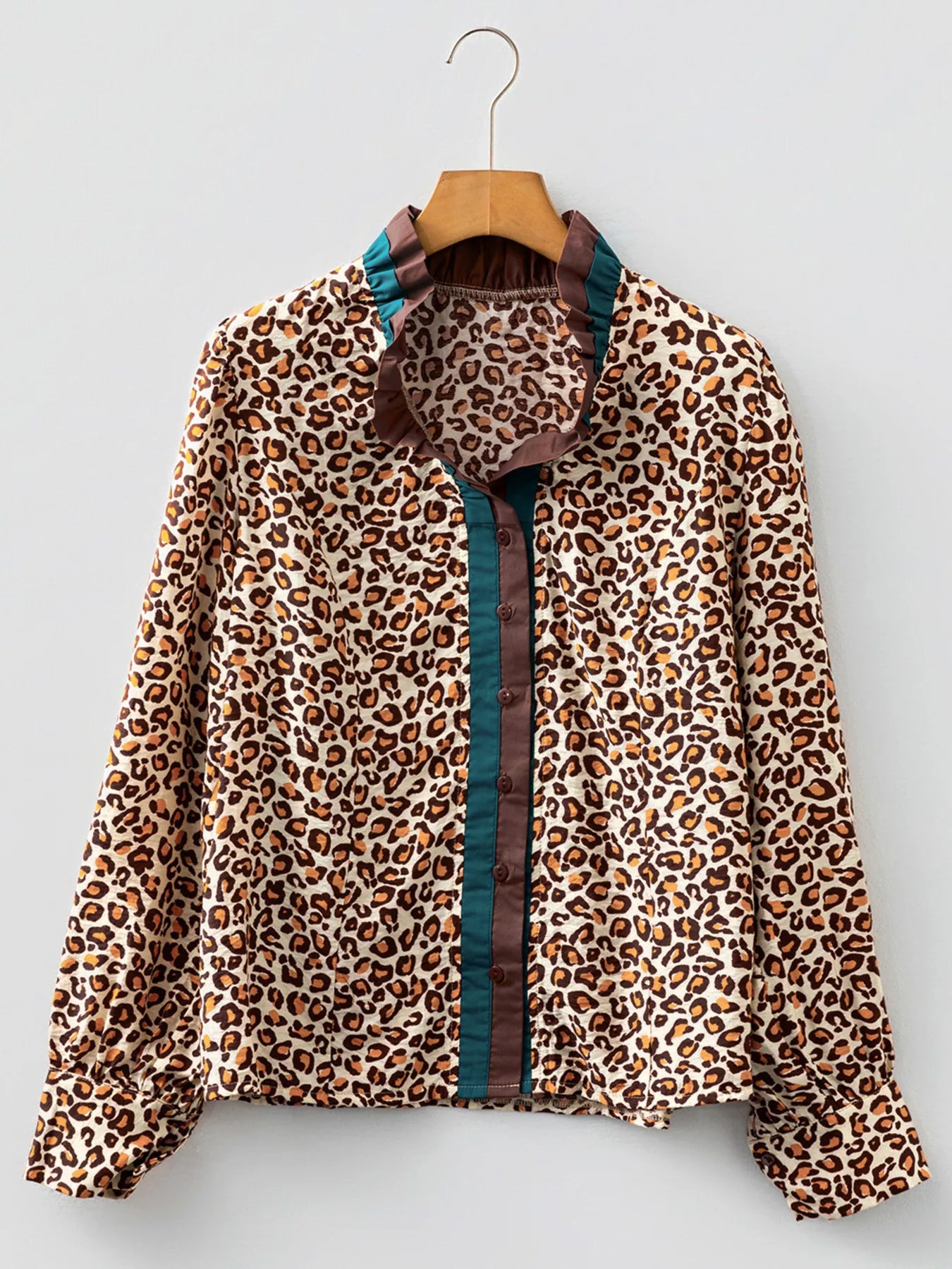 Leopard Print Contrast Frilled Trim Button Down V Neck Shirt