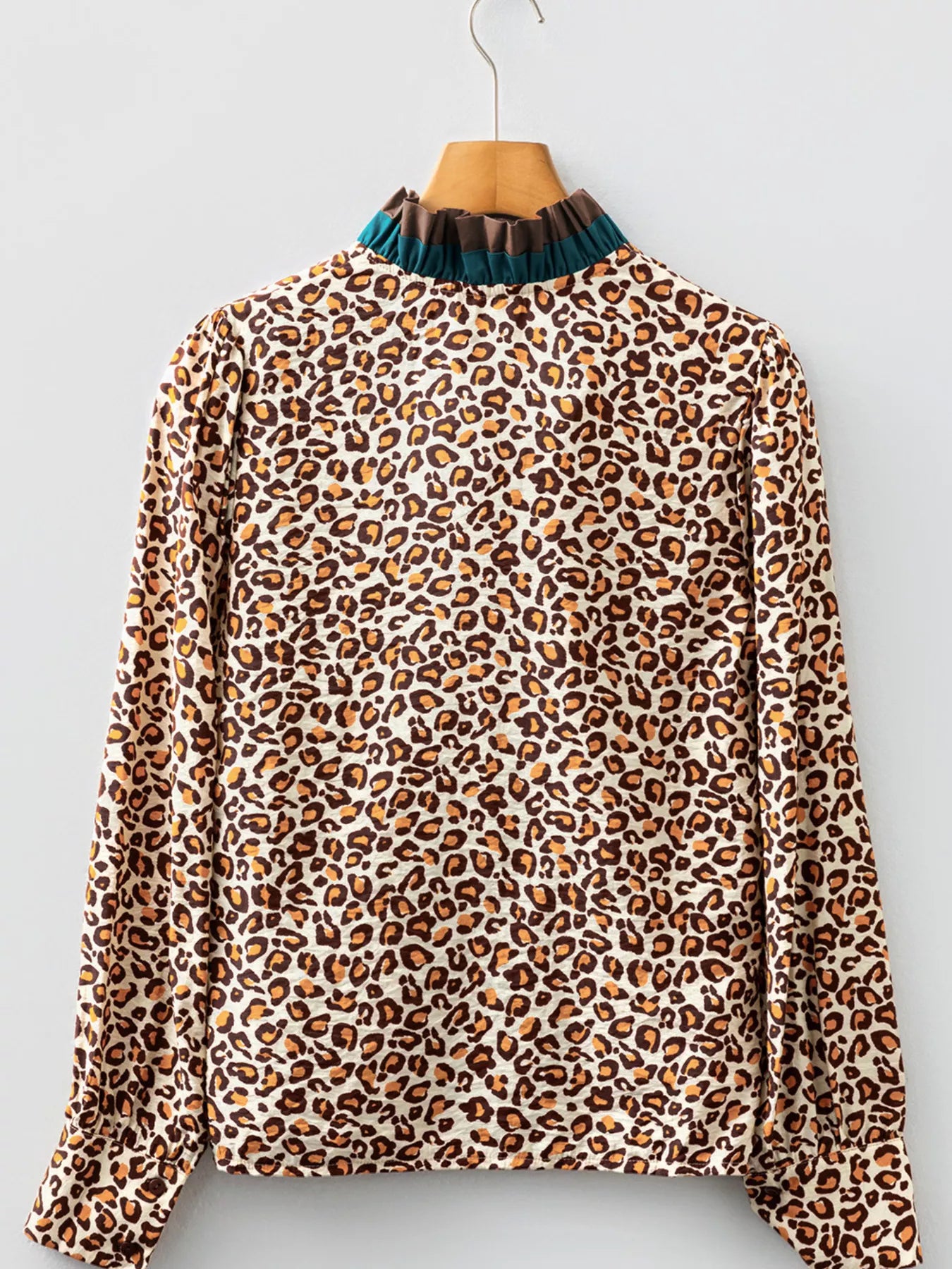 Leopard Print Contrast Frilled Trim Button Down V Neck Shirt