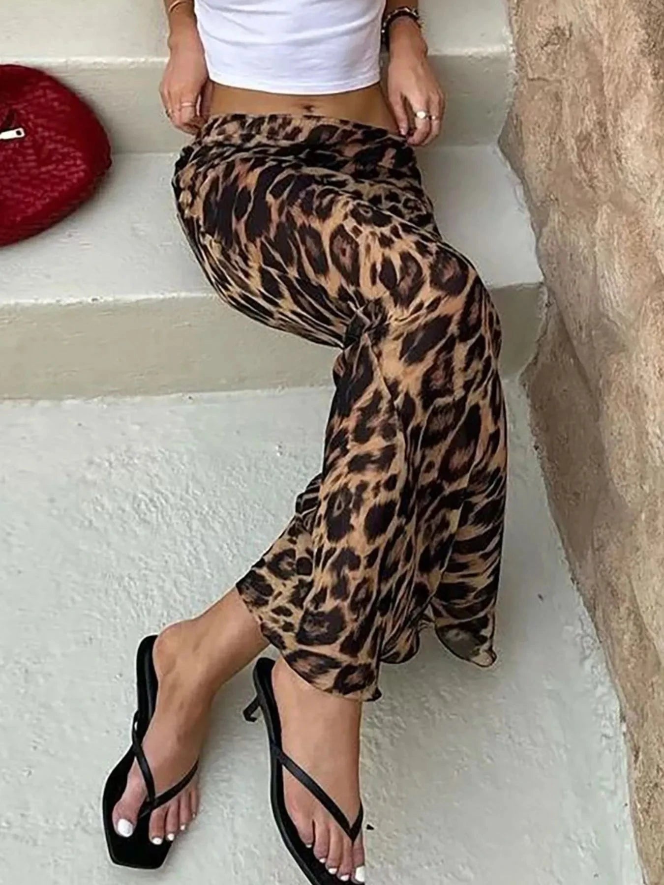 Leopard Print High Waist Flare Maxi Skirt