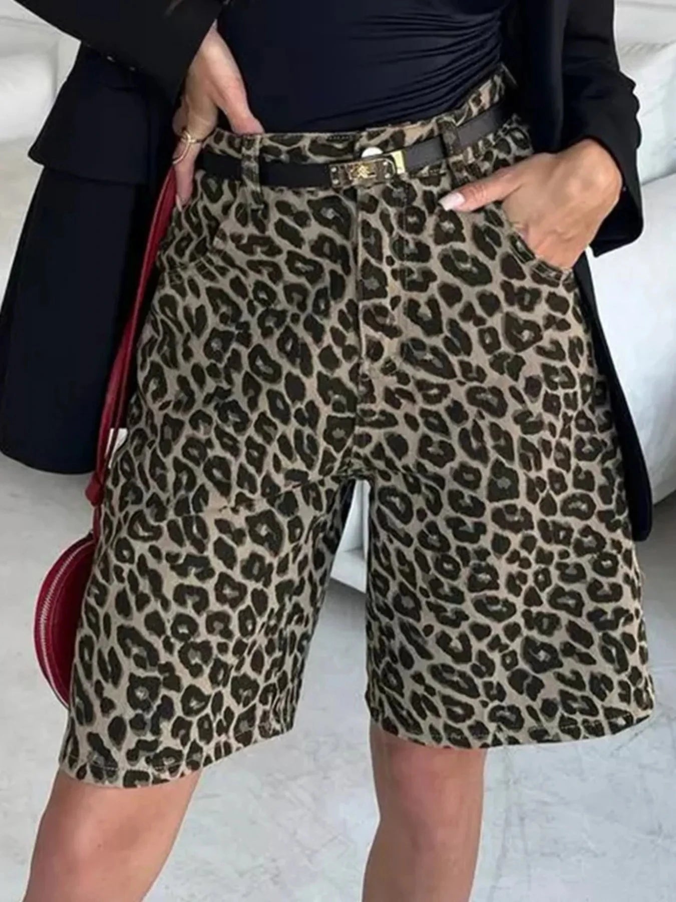 Leopard Print High-Waisted Casual Shorts Brown / S