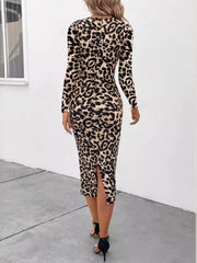 Leopard Print Long Sleeve Bodycon Midi Dress