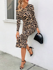 Leopard Print Long Sleeve Bodycon Midi Dress