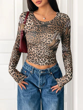 Leopard Print Long Sleeve Fitted T-Shirt Coffee Brown / S