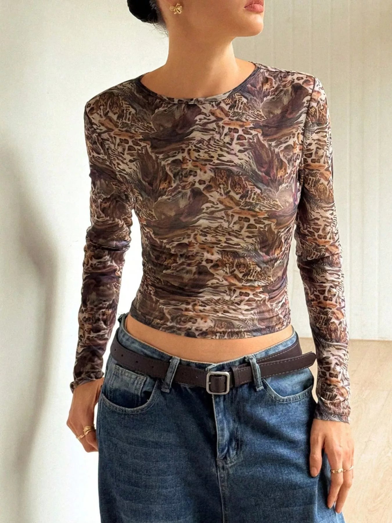 Leopard Print Long Sleeve Mesh Top