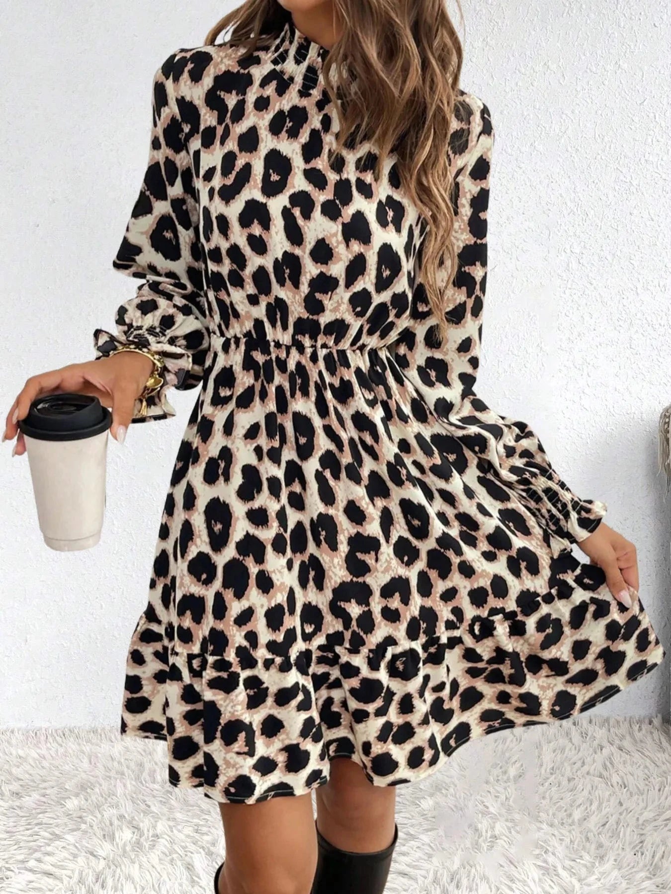 Leopard Print Long Sleeve Mini Dress