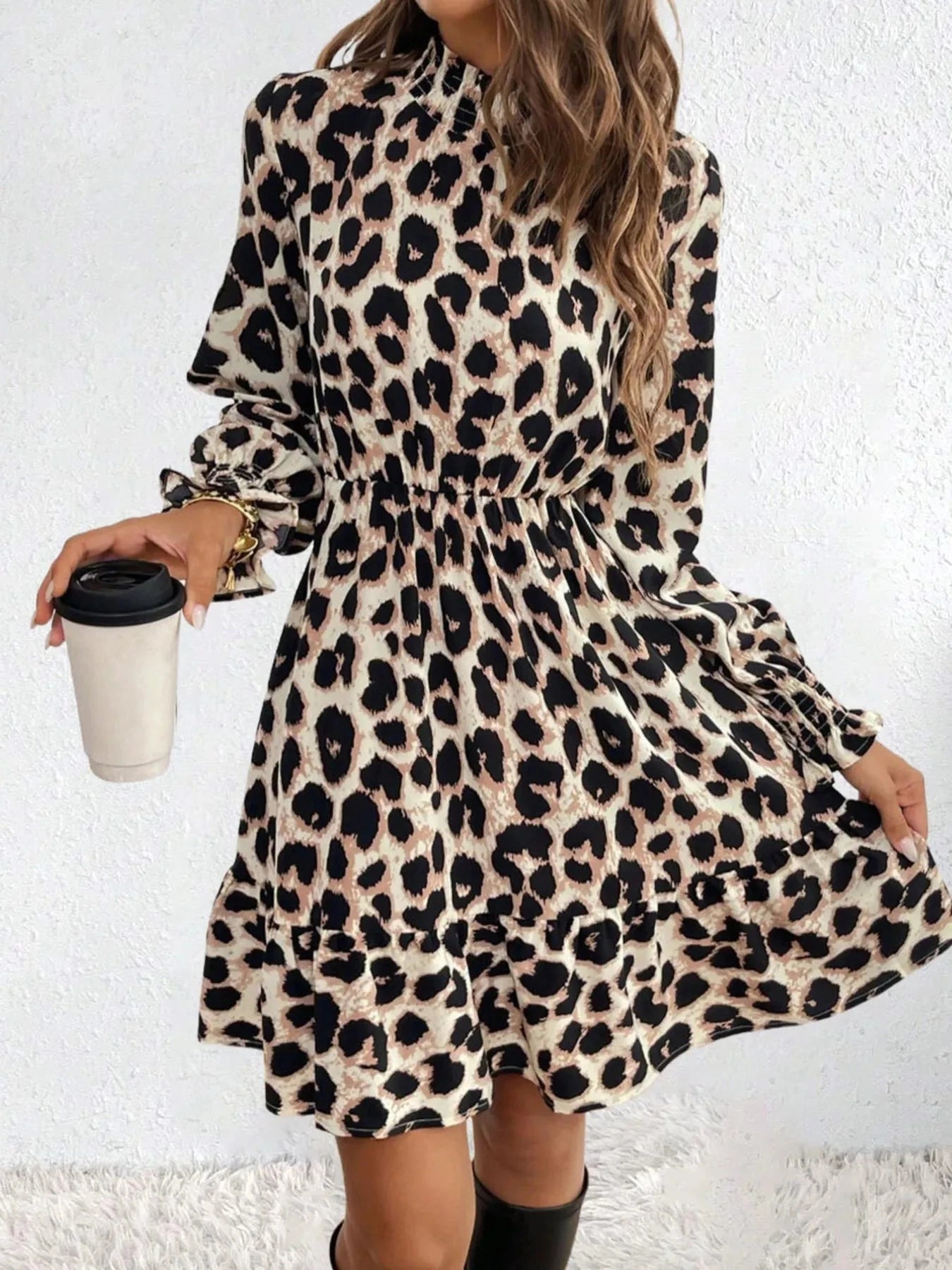Leopard Print Long Sleeve Mini Dress