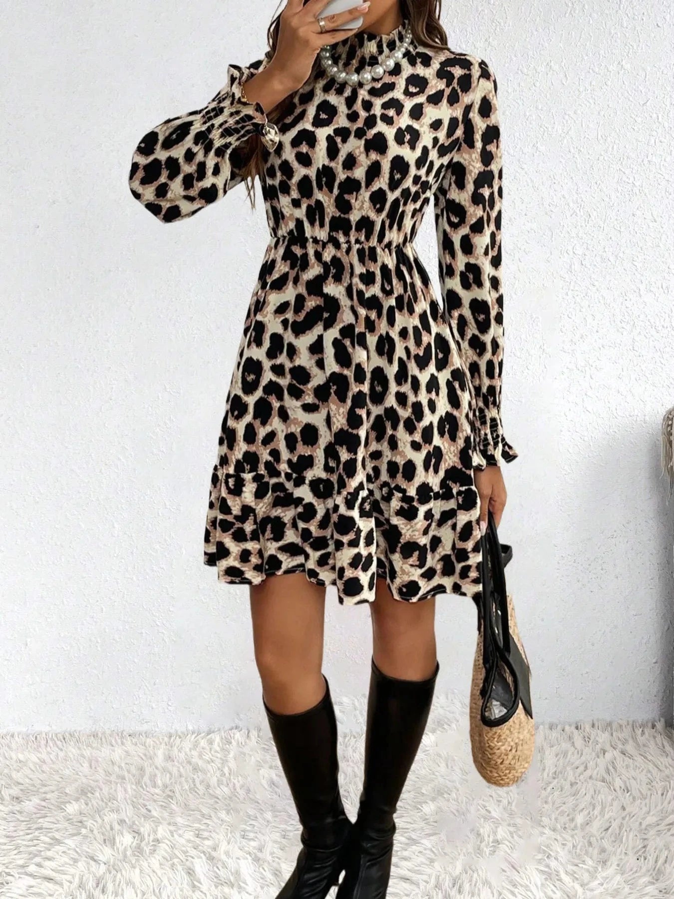 Leopard Print Long Sleeve Mini Dress