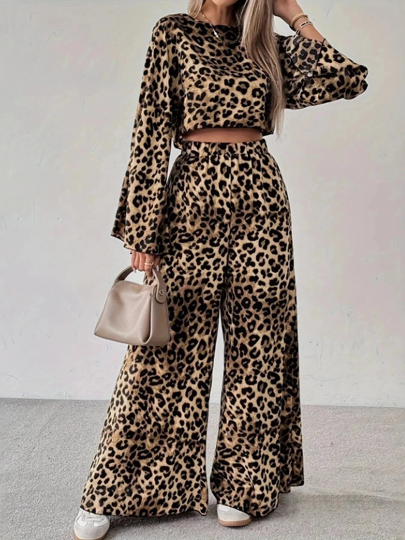 Leopard Print Long Sleeve Top and Pants Set
