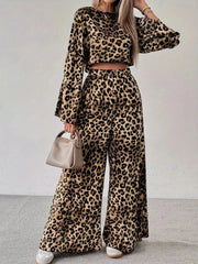 Leopard Print Long Sleeve Top and Pants Set