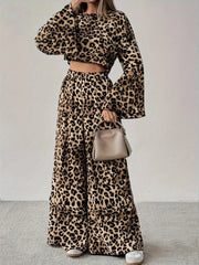 Leopard Print Long Sleeve Top and Pants Set