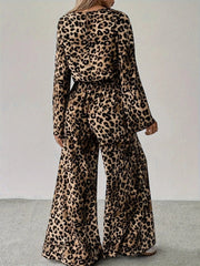 Leopard Print Long Sleeve Top and Pants Set
