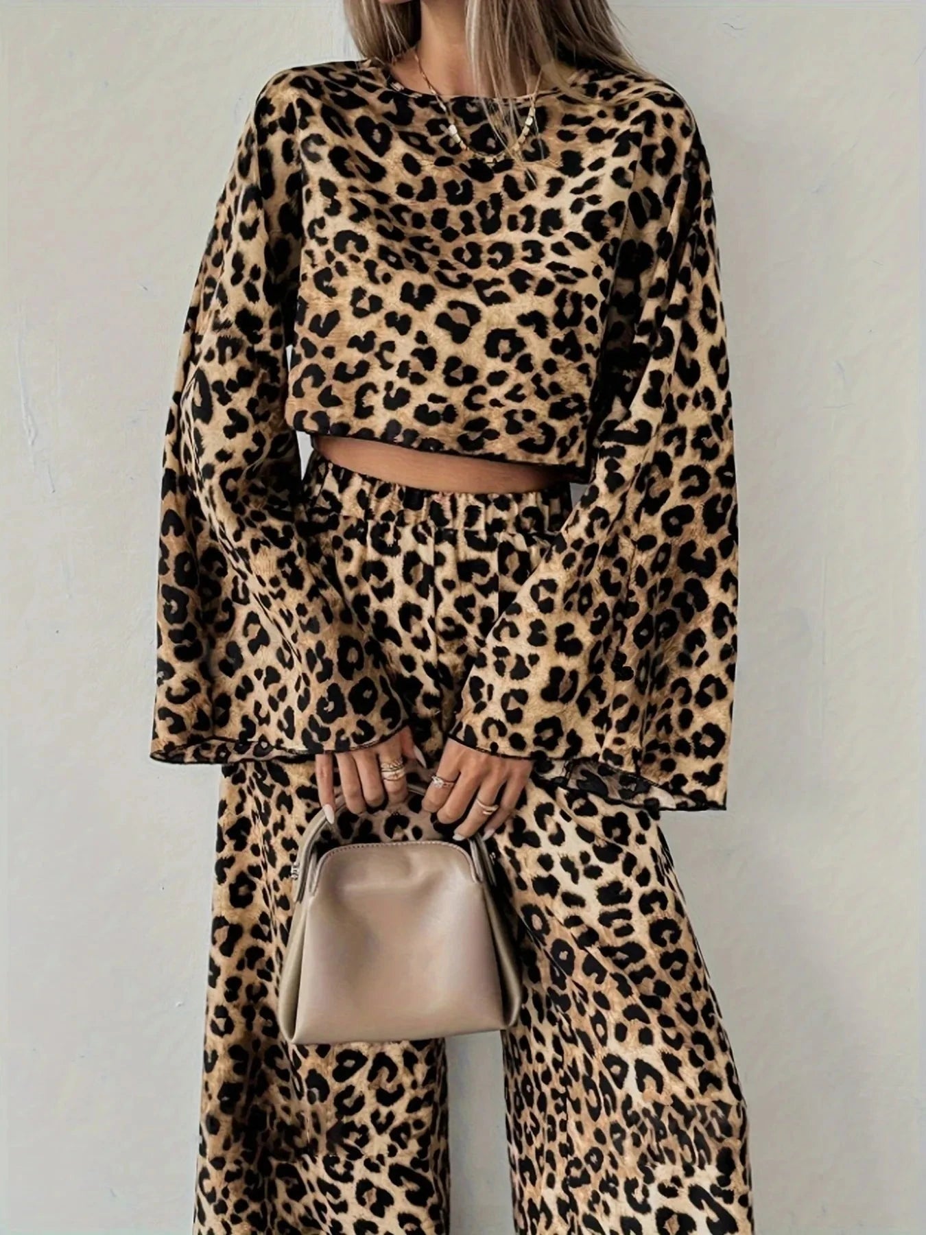 Leopard Print Long Sleeve Top and Pants Set Leopard / S
