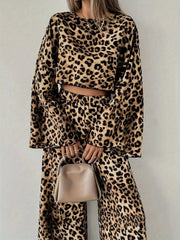 Leopard Print Long Sleeve Top and Pants Set Leopard / S