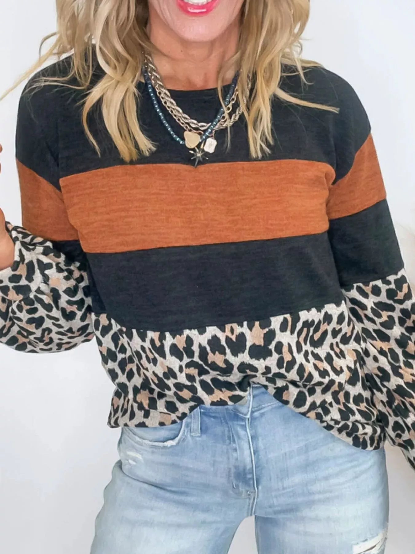 Leopard Print Patchwork Long Sleeve Blouse