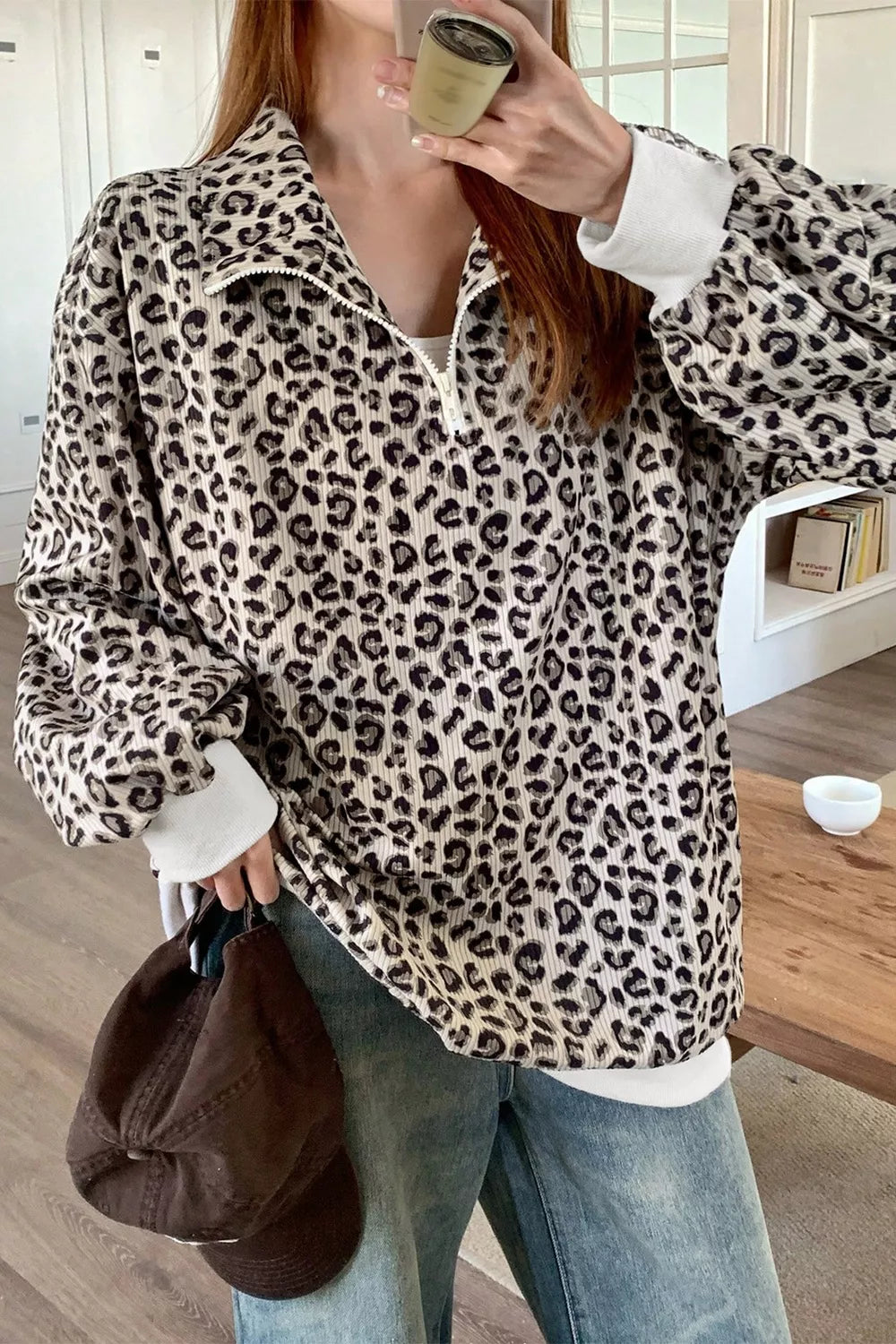 Leopard Print Quarter-Zip Sweatshirt Leopard / S