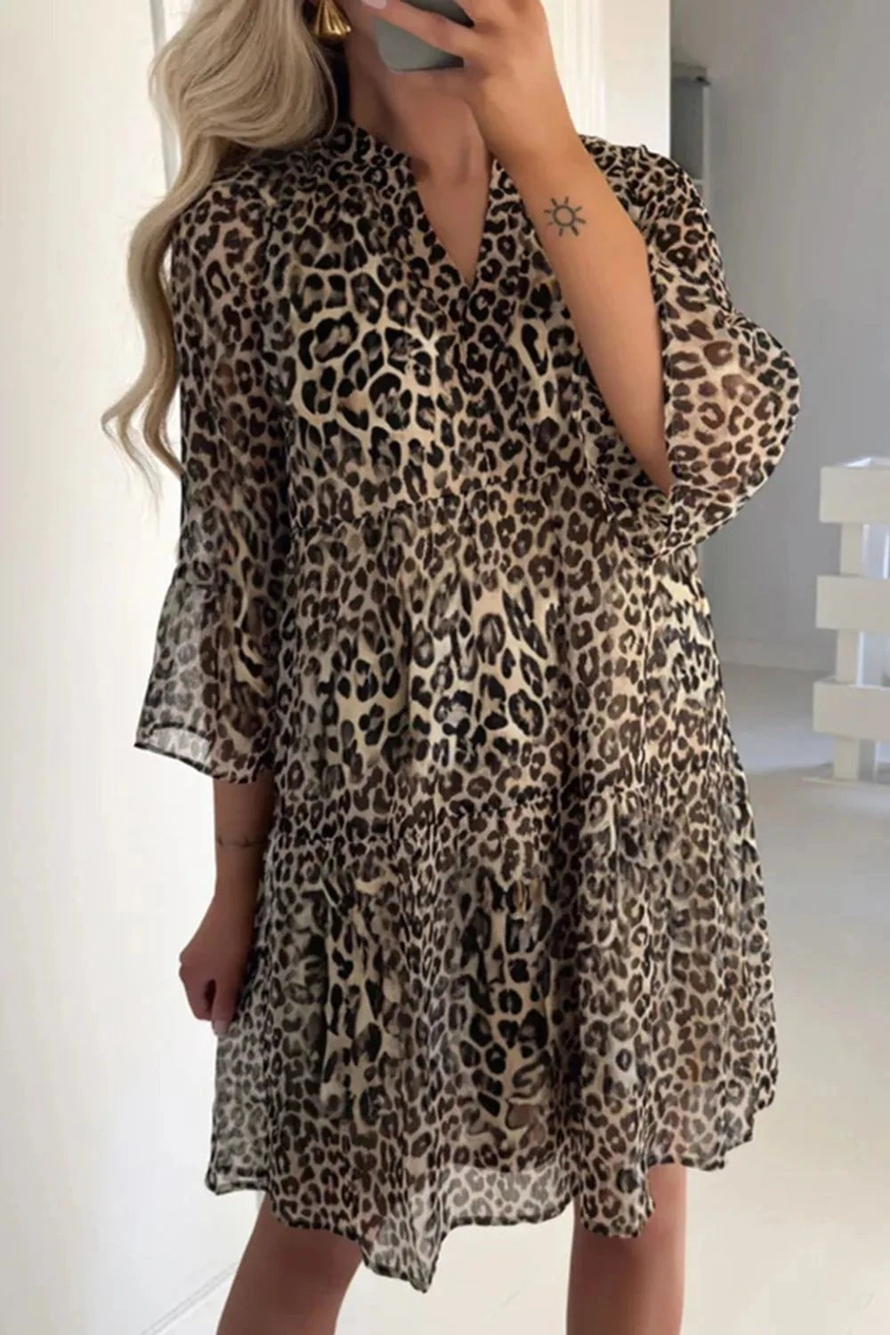 Leopard Print Relaxed Fit Notched Dress