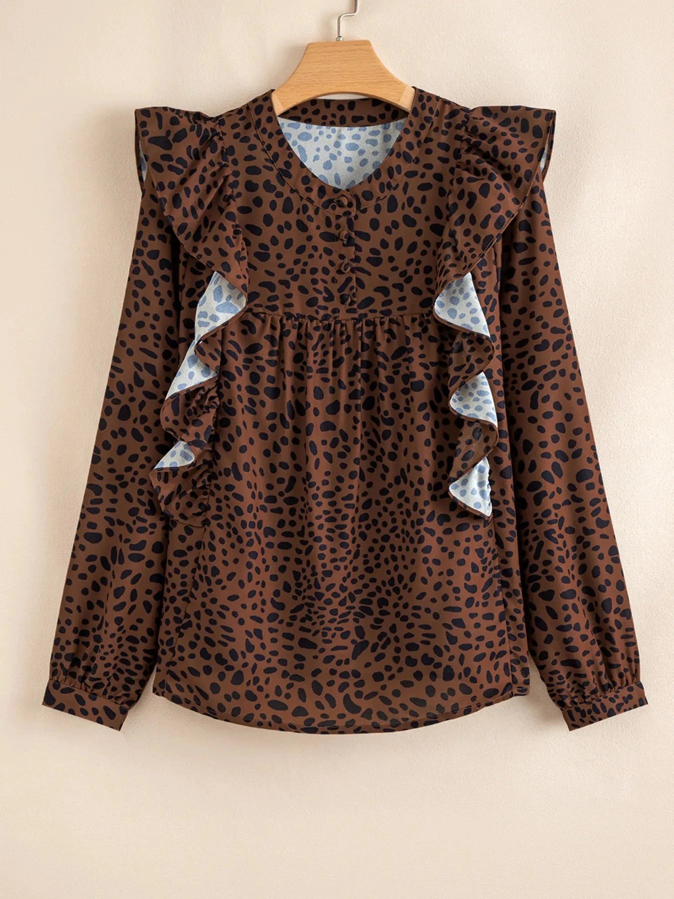 Leopard Print Ruffled Puff Sleeve Blouse