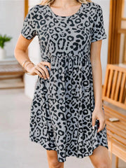 Leopard Print Short Sleeve Casual Dress Dark Gray / S