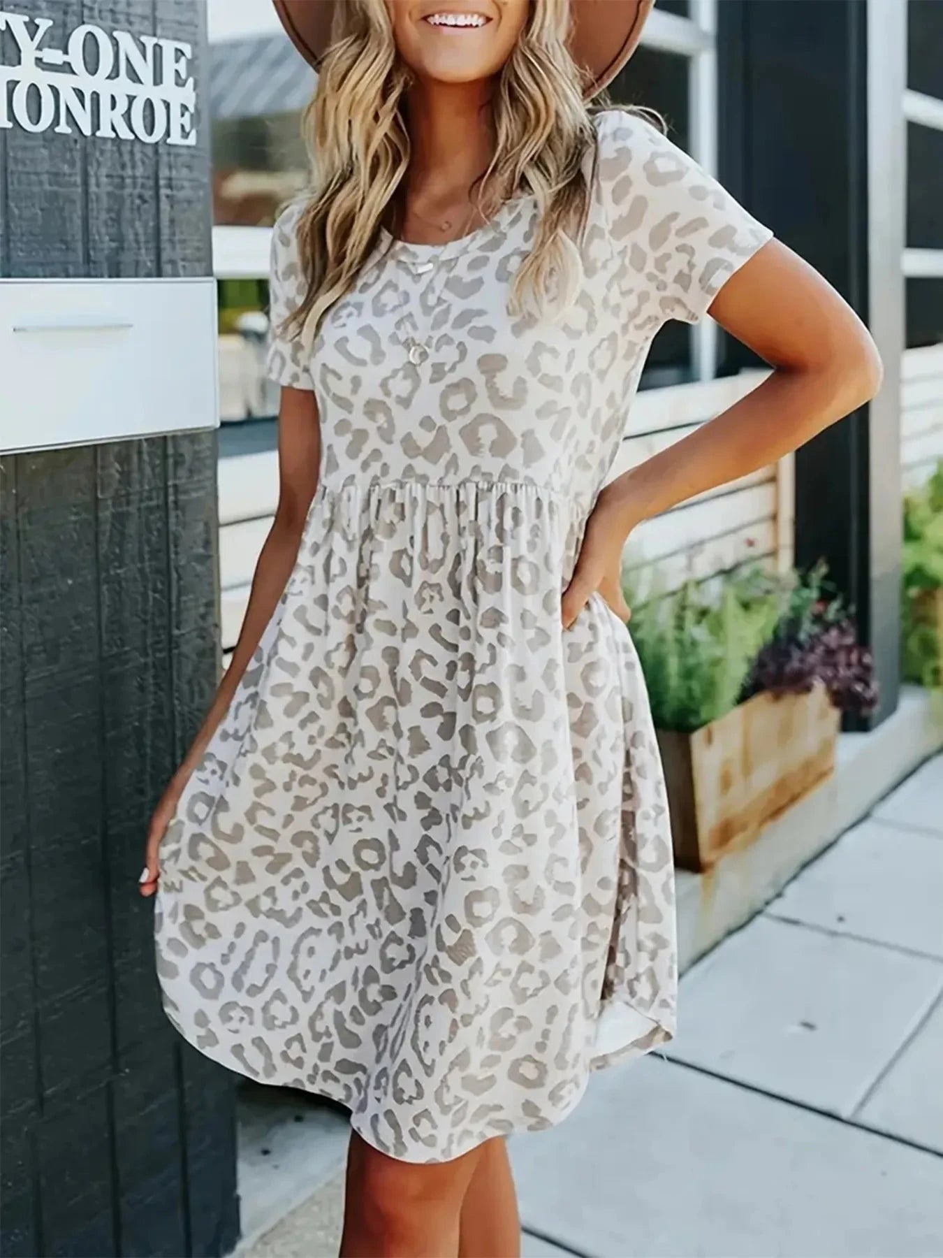 Leopard Print Short Sleeve Casual Dress Khaki / S