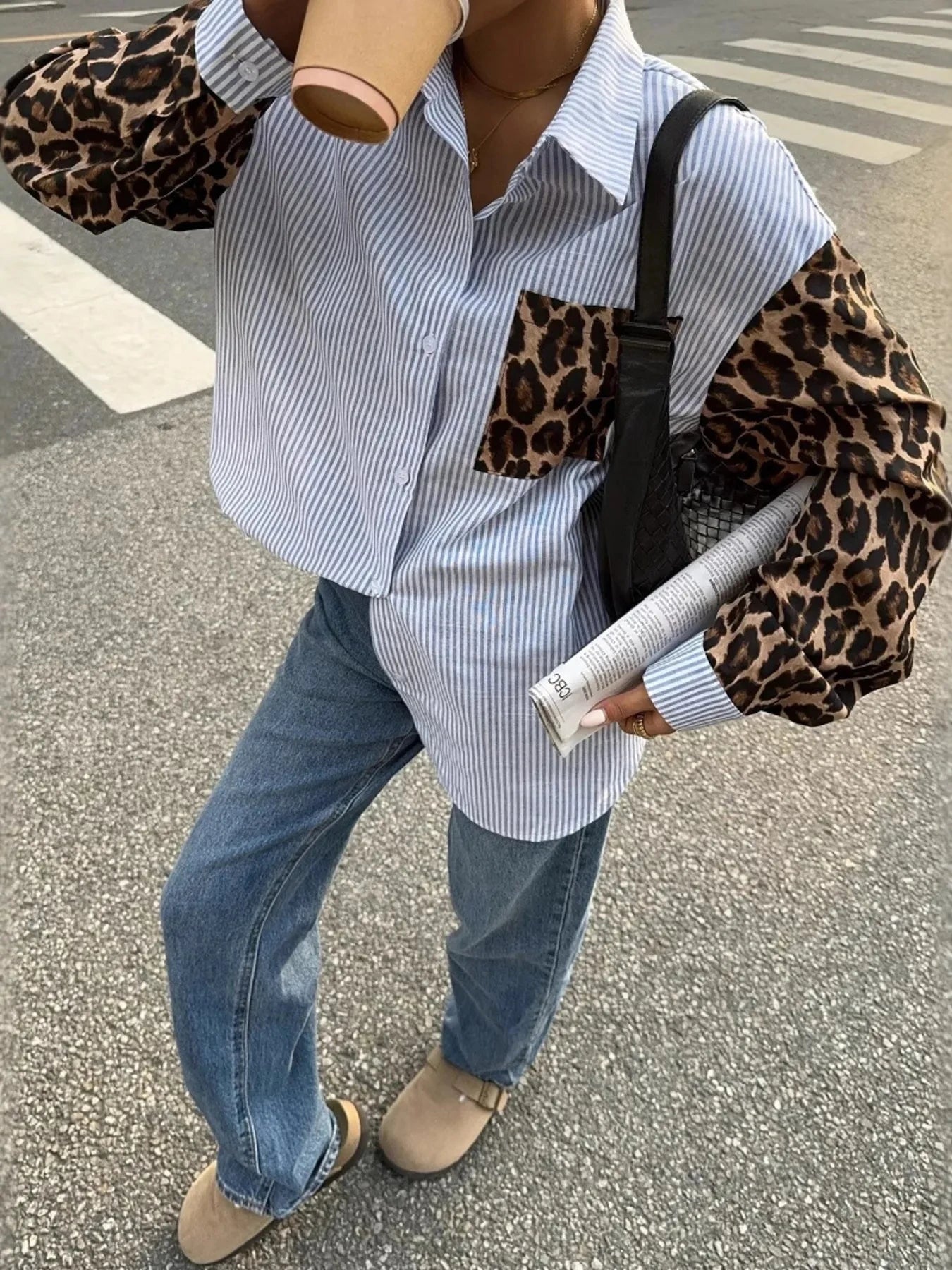 Leopard Print Sleeve Striped Button-Down Shirt
