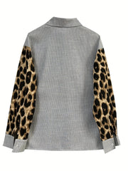 Leopard Print Sleeve Striped Button-Down Shirt