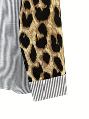 Leopard Print Sleeve Striped Button-Down Shirt