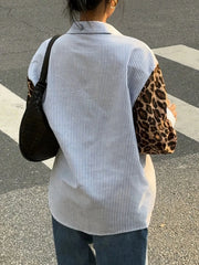 Leopard Print Sleeve Striped Button-Down Shirt